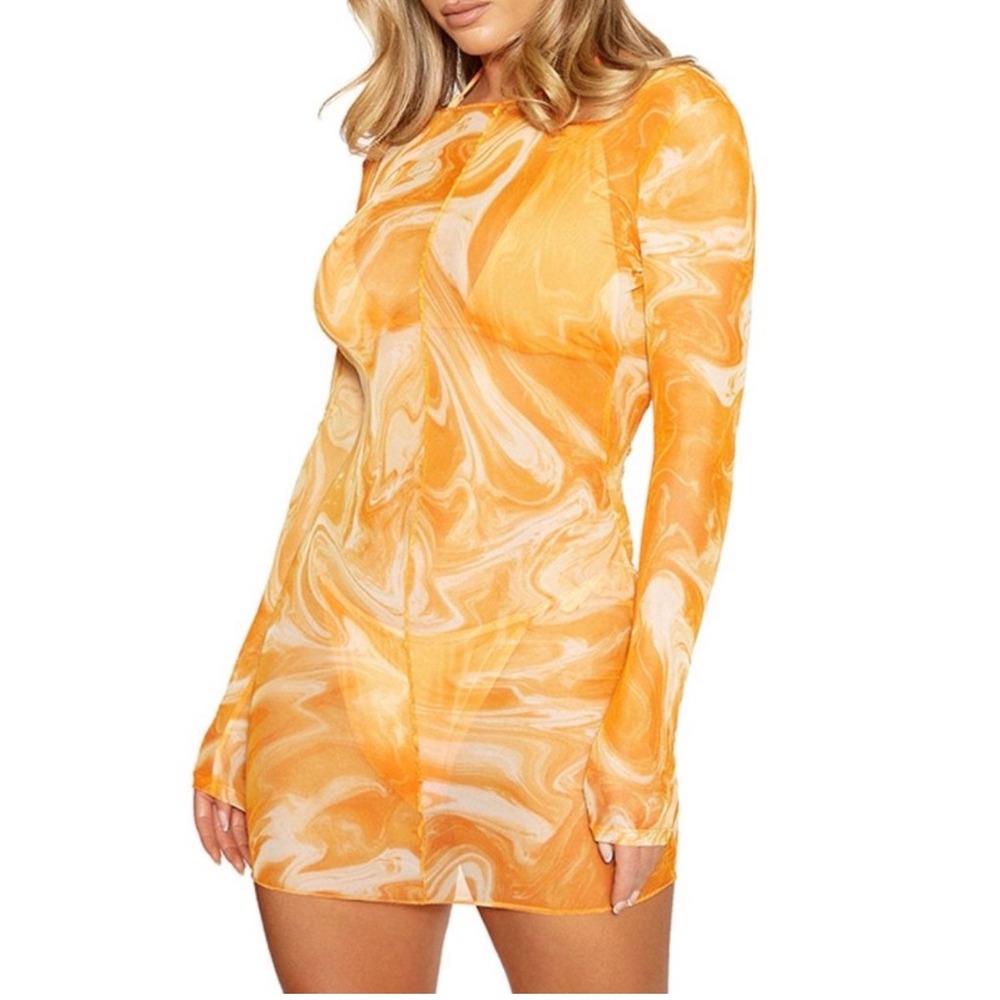 Naked Wardrobe Orange Marble Mesh Swim Cover Up Mini Open Back Medium NWT